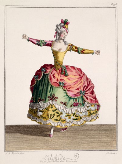 Kostümentwurf für Silphide im Ballett der Elemente, spätes 18. Jahrhundert (handkolorierter Stich) von Jean Baptiste Martin